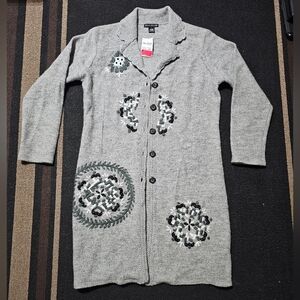 Gray Cardigan with Embroidered Patterns